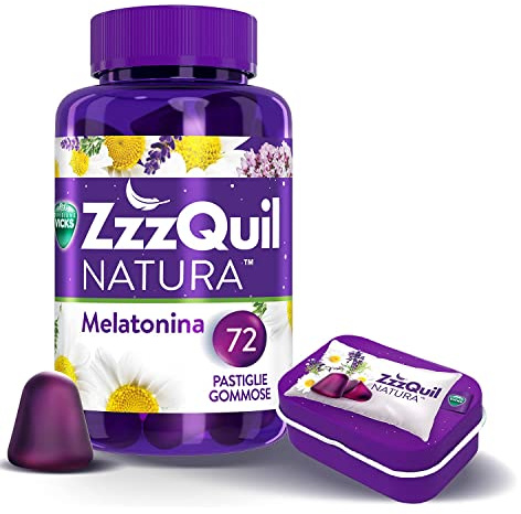 Zzzquil Natura Integratore Per Il Sonno Con Melatonina Per Dormire Ed Estratti Di Lavanda, Valeriana E Camomilla. 72 Pastiglie Gommose + Travel Case