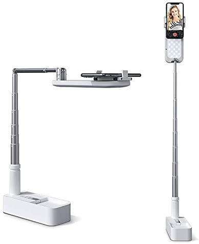 Extendable Selfie Stand 360° Rotation with Phone Holder, Rechargeable Wireless Foldable 7 Brightness LED Light for Live Streaming/YouTube/Tiktok/Video Recording/Photography/Reading (white)