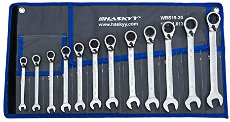 HASKYY 12 pièces I 8-19 mm I Jeu de clés à cliquet I Angle de travail 15° I Clé à fourche à cliquet Jeu de clés plates à cliquet