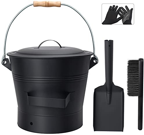 BRIAN & DANY Ash Bucket with Lid, 2.6 Gallon Fireplace Ash Bucket with Shovel and Hand Broom, Metal Bucket for Fireplace, Fire Pit, Wood Burning Stove, Black