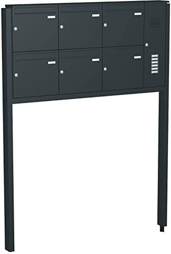 Briefkastenanlage mit eckiger Verkleidung und Klingeln Modell F3 anthrazitgrau RAL 7016 Montageart mit Standrohren, zum Einbetonieren, Größe mit 6 Briefkästen