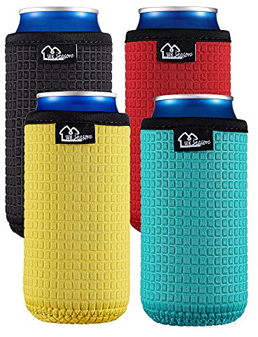 WK IEASON 12oz Slim Can Sleeves Insulators Neoprene Slim Can Covers 12OZ Beer Bottle Sleeves Coolers Holder Non-Slip Neoprene Can Coolier (12OZ Slim, Black/Red/Yellow/Blue)