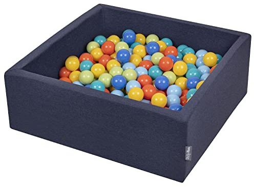 KiddyMoon Bällebad 90X30cm/200 Bälle ∅ 7Cm Bällepool Mit Bunten Bällen Für Babys Kinder Quadrat, Dunkelblau:Hellgrün/Orange/Türkis/Blau/Bblau/Gelb