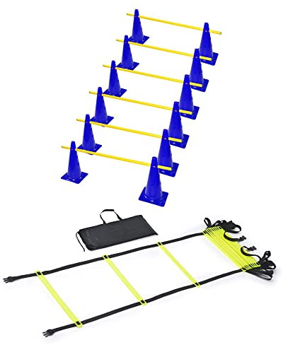 RHINOS sports Agility Trainings-Set | Koordinationsleiter 4m inkl. Tasche + Steckhürdenset 6er | 12 Blaue Kegel: 30cm | 6 gelbe Stangen: 1m