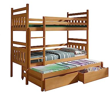 KEF Lena Etagenbett Kinder 90x200 cm - Etagenbett 3 Personen - Holz Kinderbett - für DREI Kinder - mit Schubladen - Ausziehbares Drittes Bett - mit Matratze - Erle