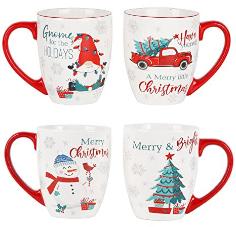 DUSVALLY Christmas Coffee Mug Ceramic Mugs Big Latte Tea Cup 18oz.Set of 4,Truck,Snowman,Gnome and Christmas Tree