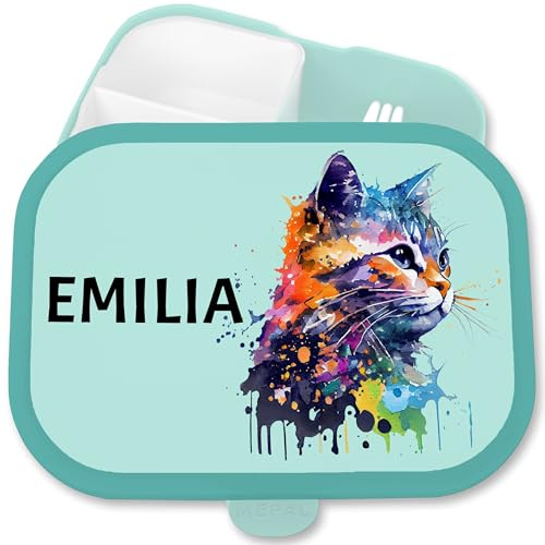 Brotdose Kinder Campus für Mepal - Katzen Brotbox Katze Vesperbox Cat I Cats Lunchbox Katzenliebhaber - 750 ml - Türkis - mädchen fächern schuldose katzenmotiv name jausenbox personalisierte