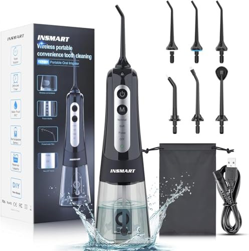 Water Flosser for Teeth Cordless, INSMART Electric Water Dental Pick Portable Oral Irrigator 4 Modes & 6 Jet Tips, 300ML Water Jet Tooth Cleaner Gentle on Gums, Removes Plaque & Food Particles, Black