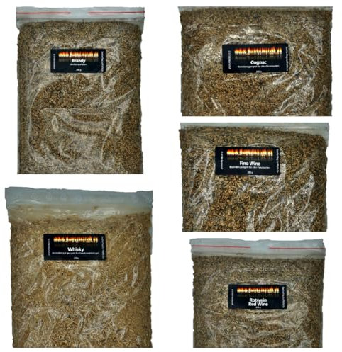 Räuchermehl SET Räucherspäne Mix aus Barriquefass/Eichenfässern 5X 200g Räuchermehl-Rotwein Räuchermehl-Brandy Räuchermehl-Fino Räuchermehl-Cognac und Whisky-Räuchermehl zusammen 1 Kg BBQ