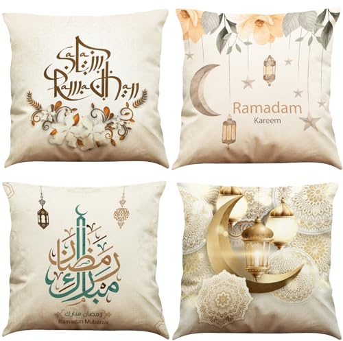 BINXWA Ramadan Kissenbezug,4 Stück Mond Laternen Baumwolle Leinen Kissenhülle Kissenbezug 45x45cm Ramadan Kareem dekokissen Happy Ramadan deko Sofa Kissen