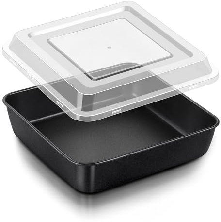 Joyfair 9 Inch Square Cake Tin, Non Stick Cake Pan Mould with Lid, 23.5cm Stainless Steel Baking Tin for Roasting & Storing Brownie Lasagna Fruit and Leftovers, Easy Release & Easy Clean, Black