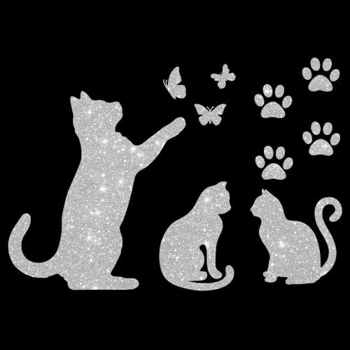 Glitzerdeals Bügelbilder Glitzer Katzen im Set Katze Schmetterlinge und Pfoten silber Aufbügler für Textilien Karneval Kostüm Katzen Bügelflicken Katze Fasching Patch zum Aufbügeln Katzen