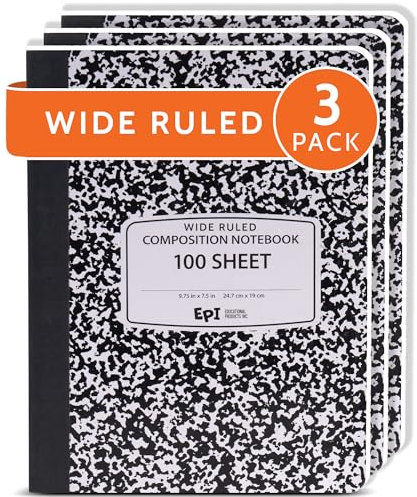 3 Pack - EPI Marble Hardcover Wide Ruled Composition Notebook | 200 Pages (100 Sheets), 9.75 x 7.5 in, Sturdy Sewn Binding | School, Office, Journaling, Notes