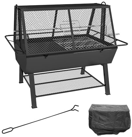 Outsunny 3-in-1 BBQ Rotisserie Grill Barbecue Roaster Fire Pit with Storage Shelf, Mesh Lid and Poker, Charcoal Chicken Spit Roast Machine with Waterproof Cover for Outdoor Picnic Camping, Black