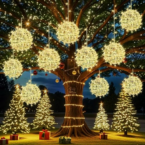 Outdoor Christmas Balls Lights Tree Lights Waterproof, 4 Pack 11.81 LED Hanging Globe Sphere Lights with 8 Lighting Modes Memory Timer Plug for Party Wedding Xmas Porch Patio Garden Yard Decorations