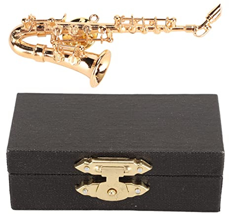 Miniatur-Musikinstrument-Brosche, Miniatur-Saxophon-Brosche, Musikinstrument-Brosche. Modische Miniatur-Saxophon-Brosche mit rotem, mit Samt gefüttertem Instrumentenkoffer