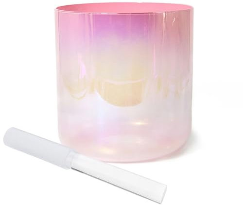 Rosa Kristall-Klangschalen-Set, 17,8 cm, C-Note, Alchemieschale für Yoga, Meditation, Klangheilung, inklusive Quarzklöppel und O-Ring, klare Klangschale mit kosmischer Lichtenergie, 440 Hz Frequenz