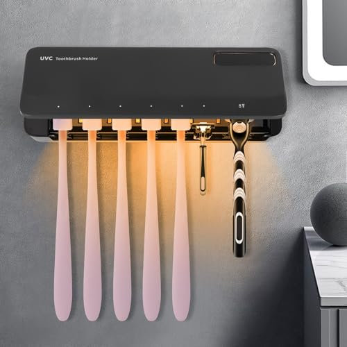 Esterilizador Cepillo Dientes, Soporte para Cepillo de Dientes Pared, Desinfectante para Cepillo de Dientes UV con 7 Ranuras, Dispensador de Pasta de Dientes, Organizador Baño sin Taladro (Negro)