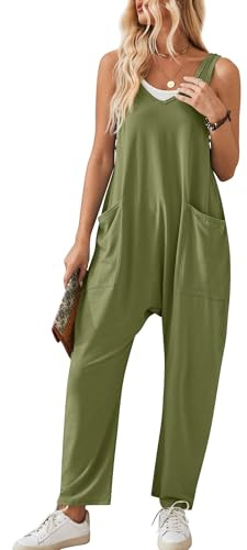 Panegy Salopette in lino di cotone per donna Donna Salopette casual con tasche Pantaloni pettorina a gamba larga senza maniche, tute a strappo Playsuits Verde M