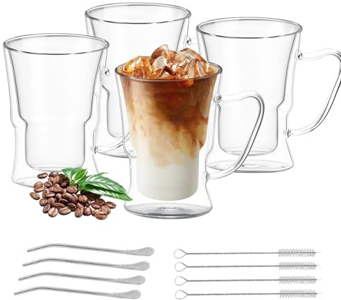 FOGAWA 350ml Double Walled Coffee Glasses Mugs Latte Glasses with Handle Cappuccino Cups Set of 4 Iced Coffee Cup Insulated Glass Cups Heat Resistant with Straw for Juice Tea Milk
