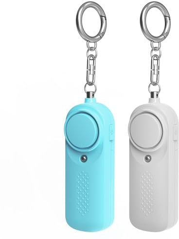 Qoosea 2 Persönlicher Alarm Taschenalarm mit 130dB Notfall Safesound Persönlicher Sicherheitsalarme Schlüsselanhänger mit LED-Licht Polizei Genehmigte Alarm für Kinder Frauen Ältere (Weiß und Blau)