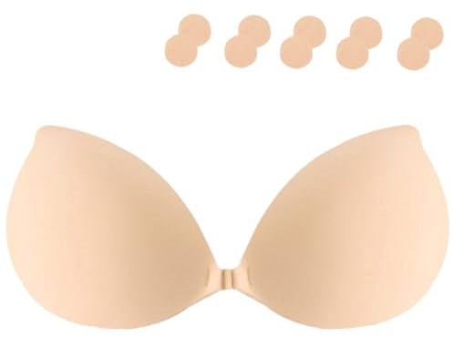 Vtelor Stick on Bra Backless Invisible Sticky Bra Push up Strapless Women's Adhesive Bras Ladies Invisible Strapless Bras Large Breasts Push up Sticky Boob Covers (UK, Cup & Band, D, Beige)