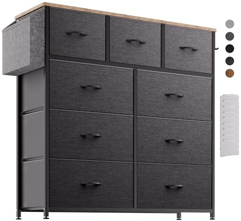 PURFINO Kommode mit Stoffschubladen - Stoffkommode aus Canvas mit 9 großen Schubladen, Etikettenkarten, Seitentasche & Haken für Wohnzimmer, Flur, Schlafzimmer