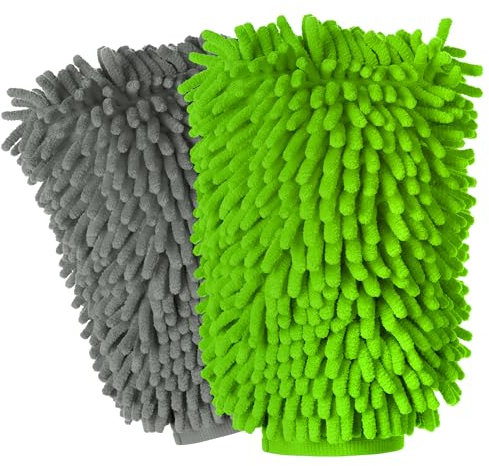 MR.SIGA Microfibre Car Wash Mitt, Super Absorbent & Scratch-Free Wash Mitt for Car Washing, Streak-Free Noodle Glove for Lifting Dirt, Pack of 2, Green & Grey