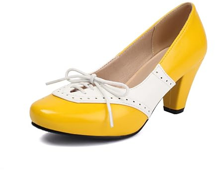 elerhythm Mary Jane Escarpins à talons bicolores classiques et rétro à lacets Style années 1950 Vintage Bout rond fermé des années 1940, jaune, 38.5 EU
