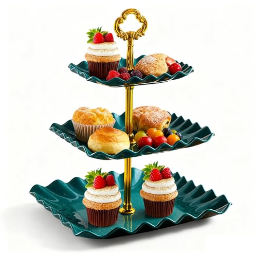 Allbusky 3-Tier Cake Stand Cupcake Holder, Pastry Tiered Serving Tray, Dessert Plates Cakes Fruit Cookie Candy Display Tower Serving Platter for Christmas Wedding Birthday, Dark Green