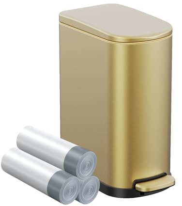 KSSKSS Schlanker Badezimmer-Mülleimer mit sanft schließendem Fußpedal, 10 l Edelstahl-Mülleimer mit herausnehmbarem Inneneimer, für enge Räume, Schlafzimmer, goldfarben