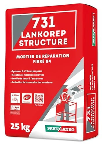 PAREXLANKO - Mortier de réparation fibré R4-731 LANKOREP STRUCTURE - Pour réparation béton, structure, corrosion armature - Forte épaisseur - Gris - 25kg