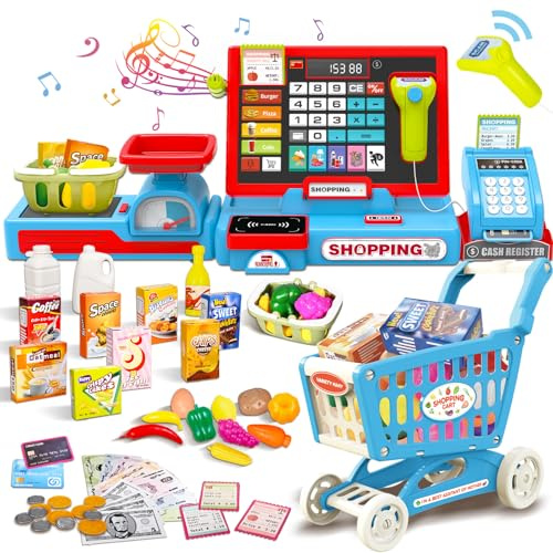 Cassa Giocattolo per Bambini con Scanner e Suono, Set per Bambini per Ragazzi e Ragazze dai 3 anni, Accessori per Negozi Elettronici, Carrello Spesa Giocattolo, Negozio, Gioco di Ruolo Regalo