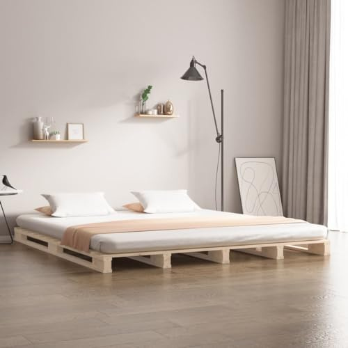 QJBSAVVA Paletten-Bett 140x200 Kiefer Massivholz unbehandelt Modernes Design Robustes Holzrahmen Gästebett auch als Tagesbett geeignet für Schlafzimmer Jugendzimmer Loft
