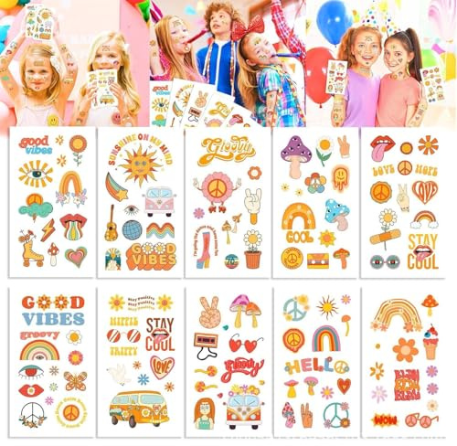 Gleemix Hippie Tattoo Set, 10 Blatt Flower Power Tattoos Temporär, Hippie Accessoires mit PeaceVibe Motiv, Bunte Love, Peace Symbole, Blumen Tattoo für Hippie-Partys, Geburtstage, Karneval (Hippie-A)