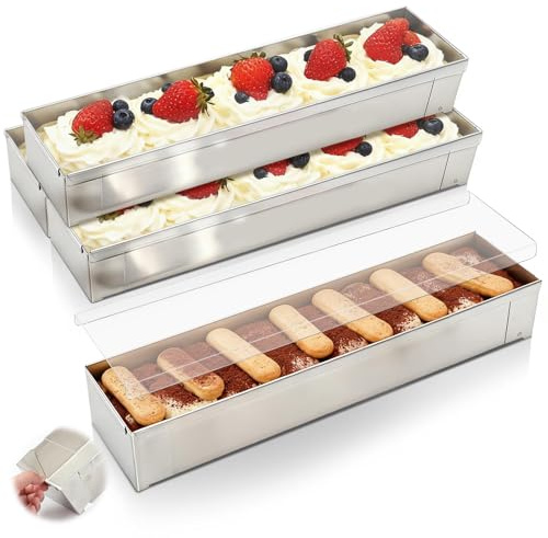 Blushtier 4 Pcs Nonstick Rectangle Tiramisu Cake Pan with Acrylic Lid Removable Frame 304 Stainless Steel Cake Baking Molds for Tiramisu Cheesecake Mousse, 15.75 x 3.94 x 2.56 Inch