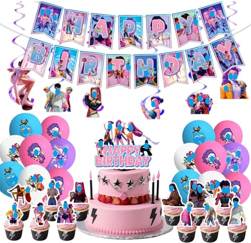 Set de decoración de cumpleaños K-Style de 62 piezas, accesorios de fiesta de estilo anime con pancarta, decoraciones colgantes y decoración para tartas, guirnalda para cumpleaños infantiles.