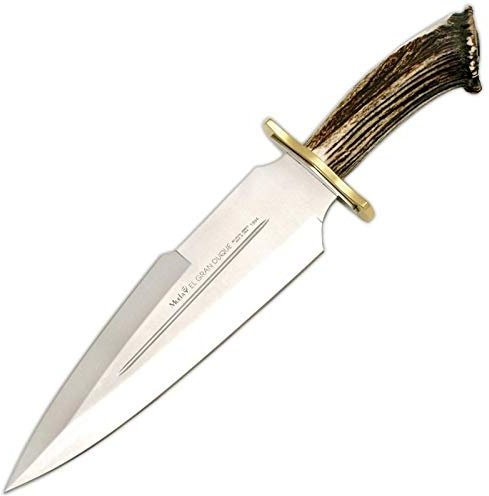 Muela Cuchillo Gran Duque DUQUE-25S hoja de acero ACX-380 de 26 cm y empuñadura de roseta de ciervo para Caza, Pesca, Supervivencia y Bushcraft Realizado en Ciudad Real + Portabotellas de regalo