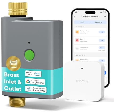 meross Bewässerungscomputer WLAN mit Smart Hub, Bewässerungstimer Garten, App- und Sprachsteuerung, Regenpause, Wasserverbrauchsanzeige, Messinganschlüsse, IP65, Alexa, Google & Apple Home, Grau