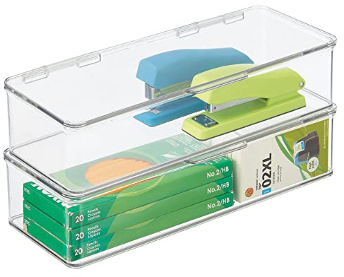 mDesign 2er-Set Schreibtisch Organizer – stapelbarer Büro Organizer aus BPA-freiem Kunststoff – lange Aufbewahrungsbox mit Deckel für Stifte, Radiergummi und anderes Bürozubehör – durchsichtig