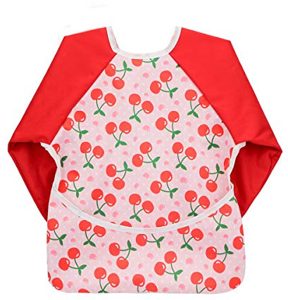 Hi Sprout Infant Toddler Baby Waterproof Sleeved Bib, Bib with Sleeves&Pocket, 6-24 Months (sweet cherry)