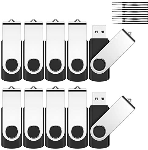 JEVDES 16GB USB Memory Stick 10 Pack USB Stick Flash Drive USB 2.0 Pen Drive Swivel Design Thumb Drive for Data Storage Zip Drive Jump Drive with LED Light (Black)