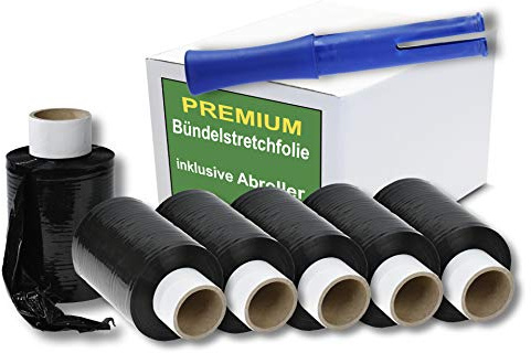 SET Mini Stretchfolie - 100 mm breit - 150 m je Rolle - Bündelstretchfolie/Handystretchfolie - Ministretchfolie Plastic Wrap Wickelfolie transparent zäh & reißfest (Schwarz, 40 Rollen + 1 Abroller)