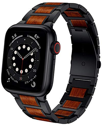 Miimall Kompatibel mit Apple Watch 41mm 40mm 38mm Armband, Naturholz Rotes Sandelholz mit Edelstahl Metall Link Uhrenarmband für Apple Watch Series 7/6/SE/5/4/3/2/1(Rot+Schwarz)