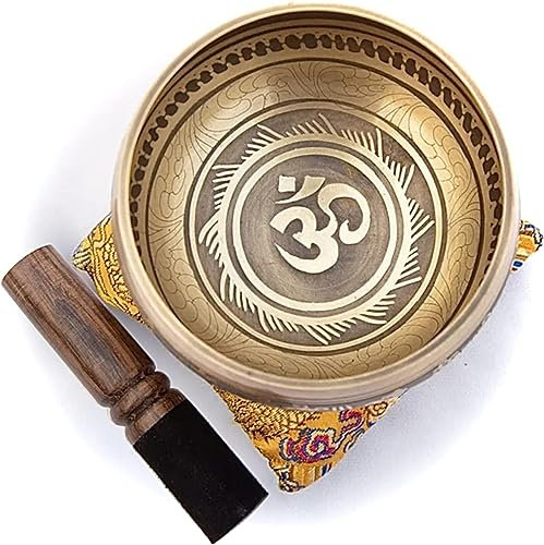 Tibetisches Klangschalen-Set – einfach zu spielen – OM-Design für Meditation, Klang, Chakra, Yoga, Heilung, 10,2 cm von Himalaya-Bazaar (Gold & Gelb)