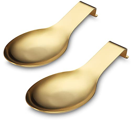 Mattgold Löffelablage, Edelstahl Löffelhalter für Herdplatte, Küchenutensilien Halter für Schöpfkellen, Zangen, Spachtel, Herd Löffelhalter, Topfdeckelhalter, Spülmaschinenfest (2PC-9,5 Zoll)