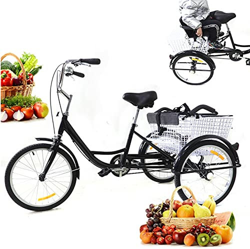 Futchoy Trehjuling för vuxna, 20 tums vuxencykel med inköpskorg och barnstol, 1 växlar, svart, 3-hjulscykel, trike bike för vuxna och seniorer