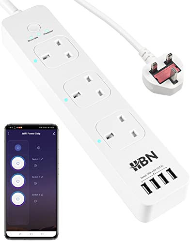 HBN Smart Wi-Fi Power Strip with 3 AC Outlets 4 USB Ports with 1.8 Meter Power Cord, APP Remote Control, Works with Alexa and Google Home (13A 3120W)