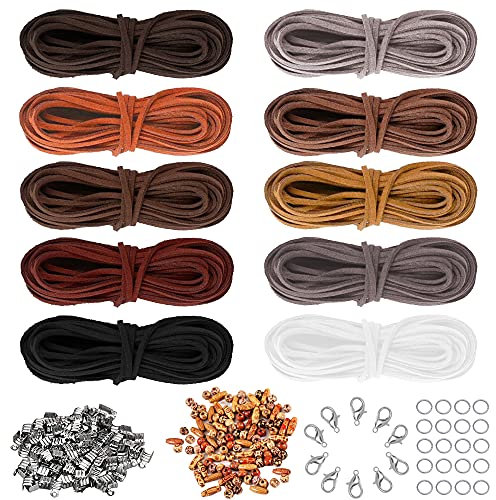 Tucireat Lederband 10 Stück Lederschnur Lederband Halskette Kunstleder Band Lederband Kette Lederbänder Lederriemen Leder Schnur Lederband 3mm x 5m mit 100 Holzperlen 100 Schnurenden für Kunsthandwerk