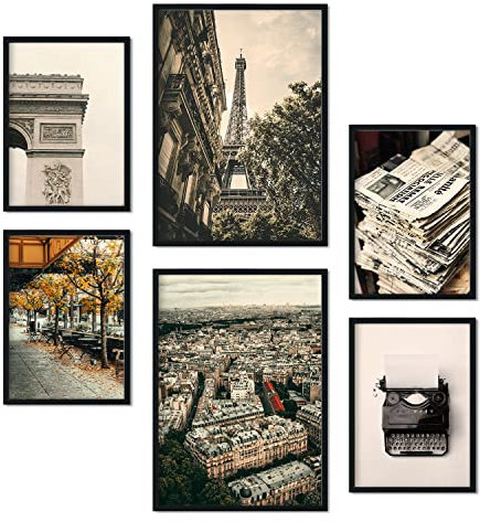 Nacnic - 6 poster fotografici vintage di Parigi - Stampa artistica murale moderna da appendere in casa - Poster decorativi A3 e A4 - Senza cornice